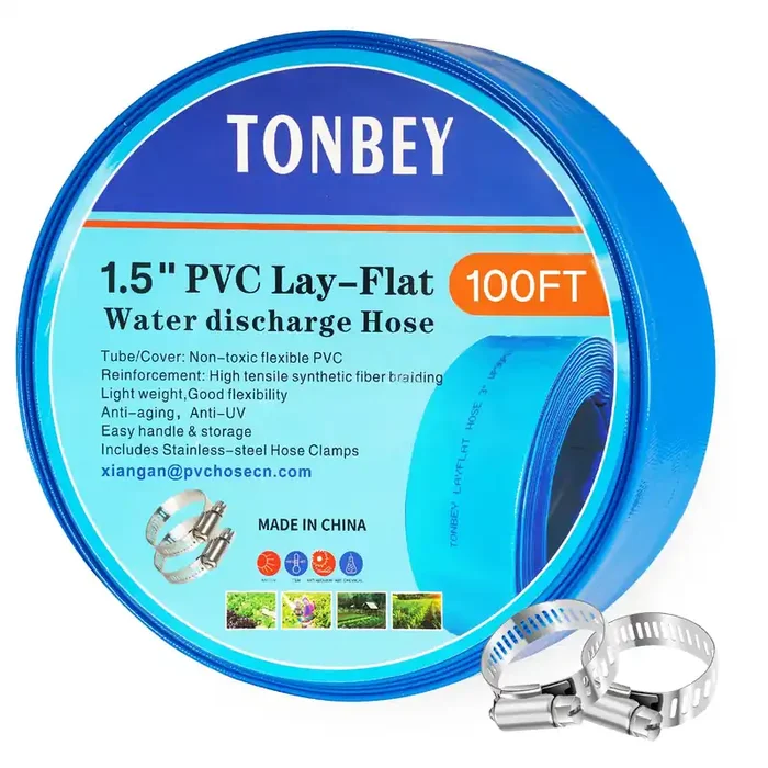 1.5‘ X 100 Ft Pool Backwash Hose, Heavy Duty Pvc Discharge Hose, Lay Flat Discharge Hose With 2 Clamps, Pool Drain Hoses For In