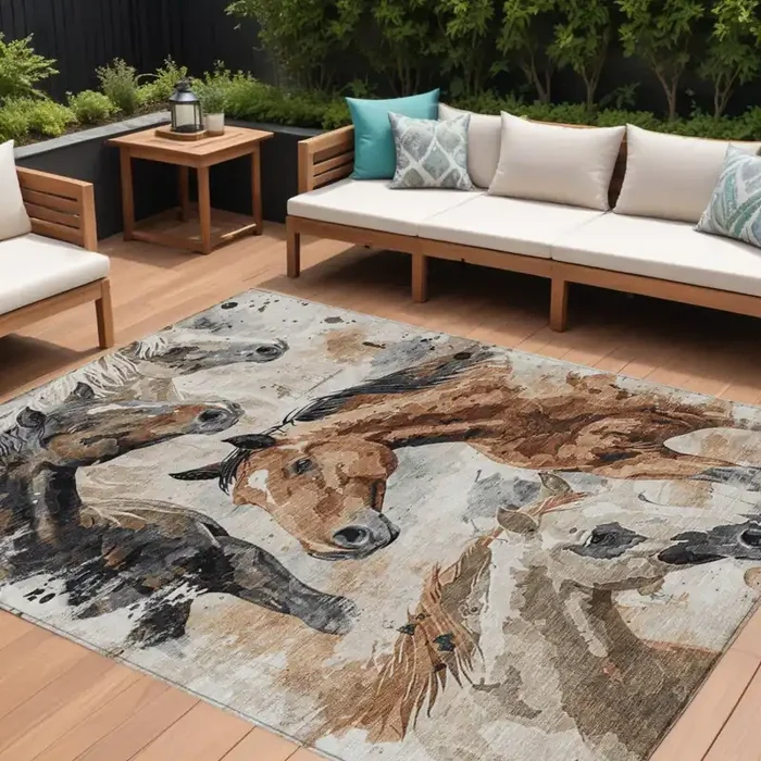 10‘ X 14‘ Beige Charcoal And Brown Horse Washable Indoor Outdoor Area Rug