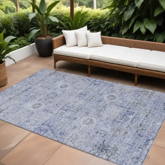 10‘ X 14‘ Blue And Gray Damask Washable Indoor Outdoor Area Rug