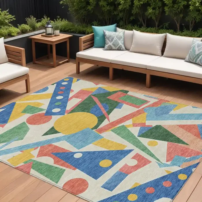 10‘ X 14‘ Blue Yellow Coral And Green Geometric Washable Indoor Outdoor Area Rug
