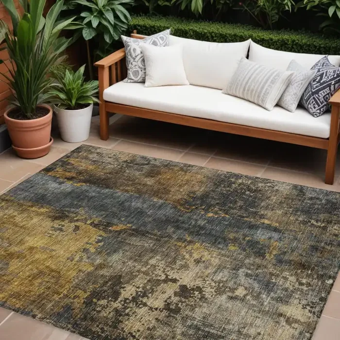 10‘ X 14‘ Gray Brown And Gold Abstract Washable Indoor Outdoor Area Rug