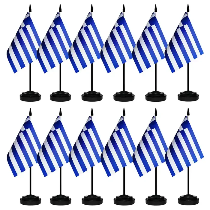12 Pack Greece Desk Flags Set, Greek Small Mini Table Office Flags With 12‘ Solid Black Pole, 8.2 X 5.5 Inches, Home And Office