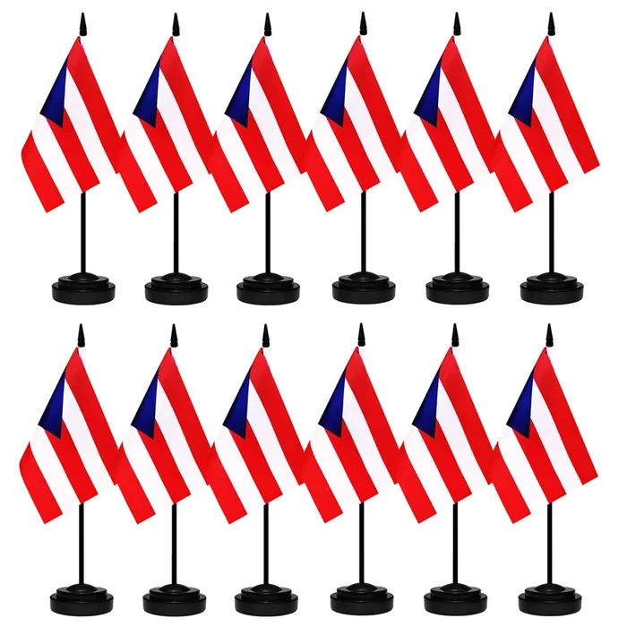 12 Pack Puerto Rico Desk Flags Set, Puerto Rican Small Mini Table Office Flags With 12‘ Solid Black Pole, 8.2 X 5.5 Inches, Hom