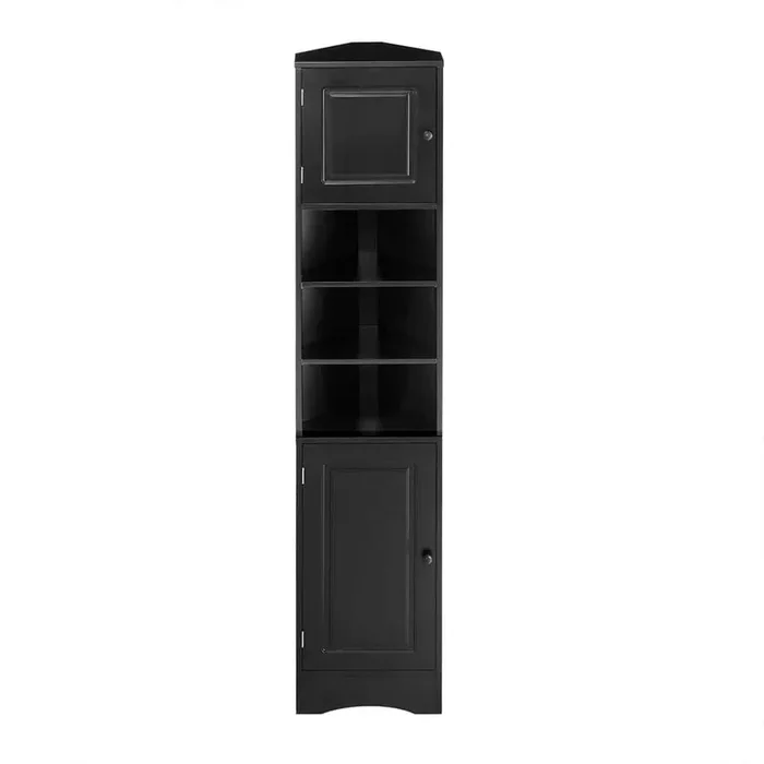 14.6-in. W x 9.4-in. D x 66.9-in. H Ready to Assemble MDF Board Floor Corner Cabinet in Black with Doors and Shelves