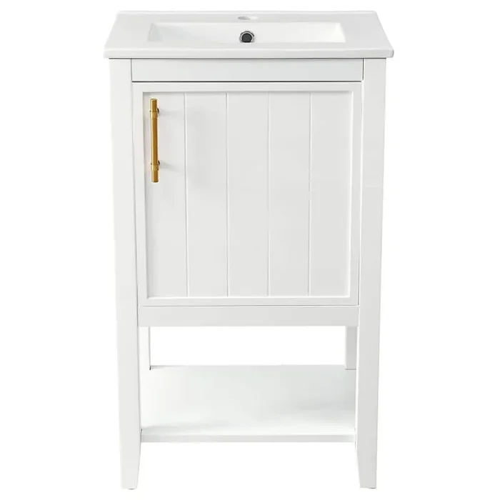 15.5 in. W x 20 in. D x 33.5 in. H Bath Vanity with Single Sink White Ceramic Top, Door Storage Rack and Open Shelf