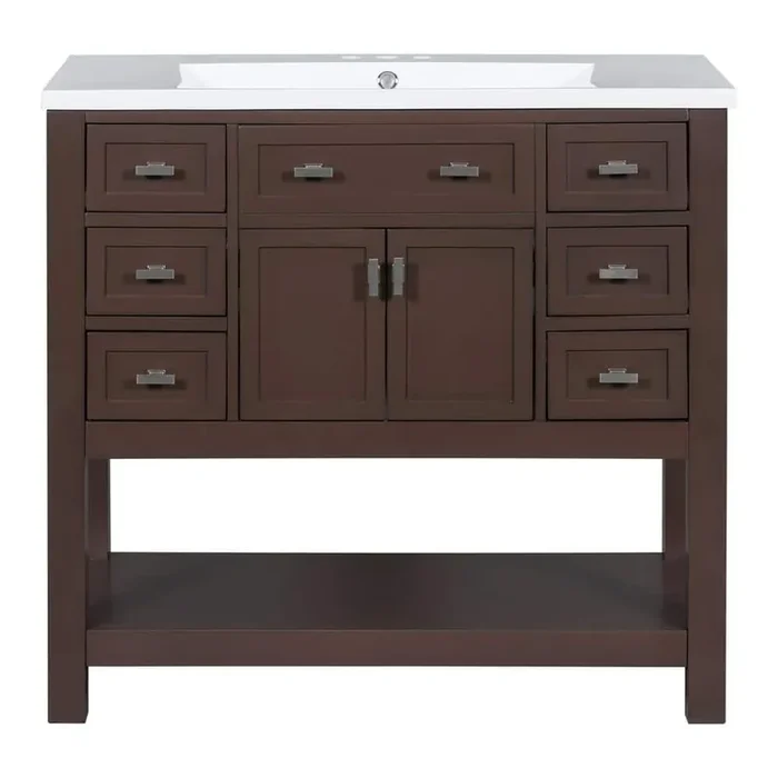 17.70 in. W x 35.20 in. D x 33.10 in. H Bath Vanity Cabinet without Top with 2-Soft Doors and 6-Drawers in Brown Finish