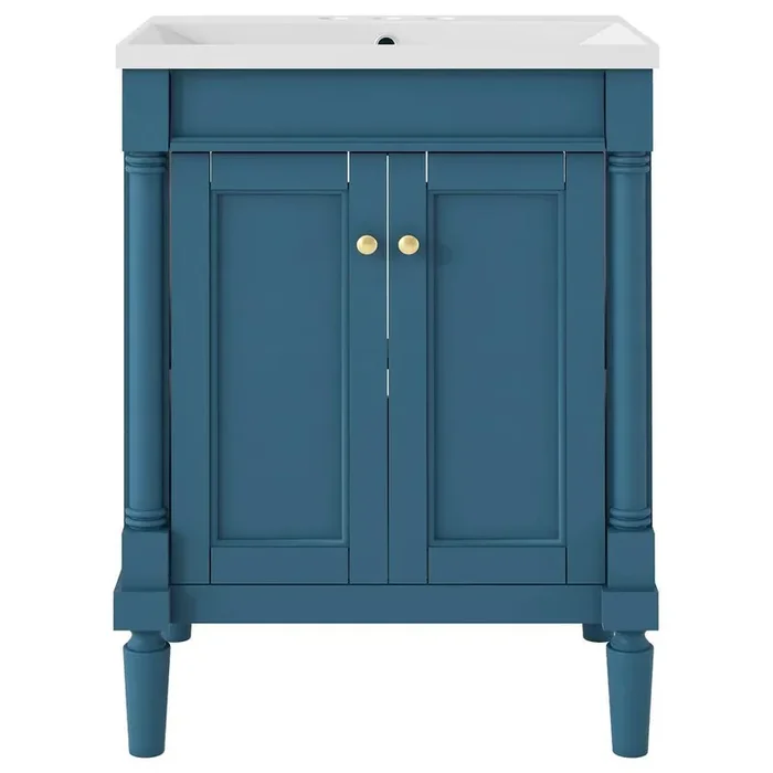 18 in. W x 24 in. D x 34 in. H Bath Vanity with Single Ceramic Top Sink, 2-Tier Storage Cabinet, Large Shelves, Blue