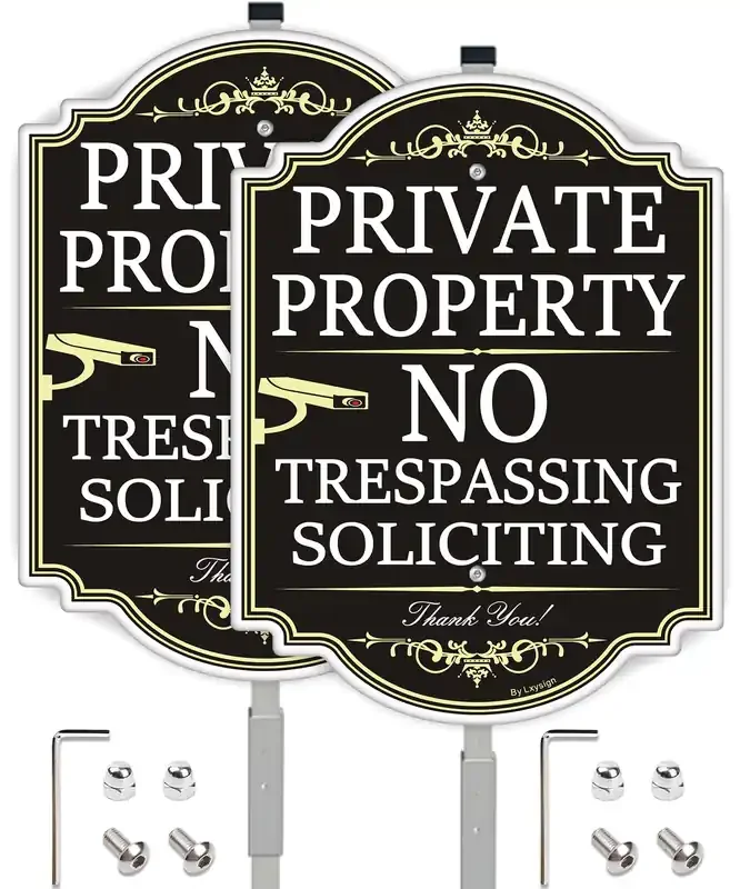 (2 Pack) Large No Trespassing Signs Private Property With Stake 36‘ Tall, 14‘ X 10‘ Aluminum, No Soliciting Signs, Uv Printin