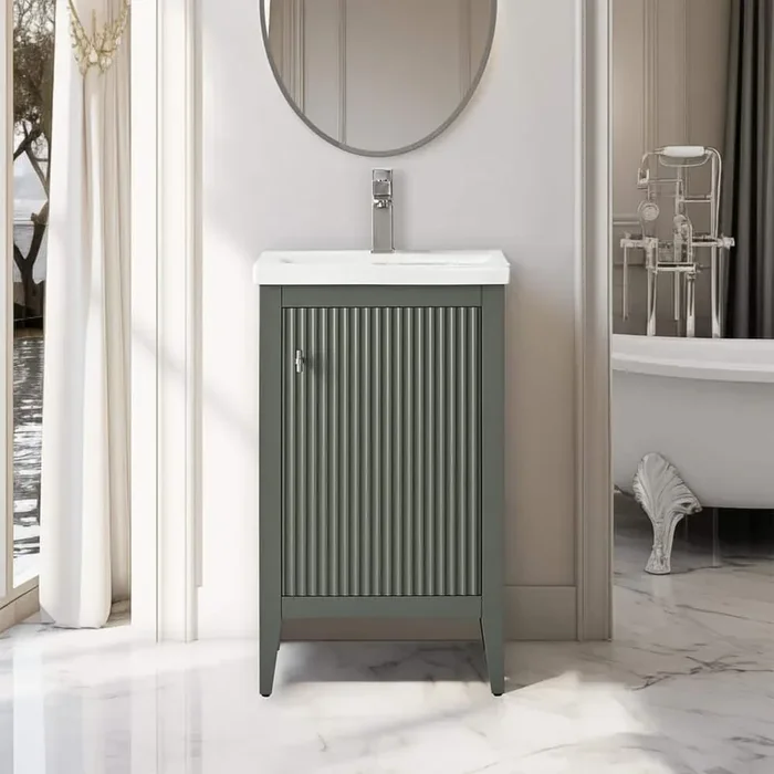 20 in. W x 15.7 in D x 34 in. H Single Sink Bath Vanity Cabinet in Linear Vintage Green with White Ceramic Top