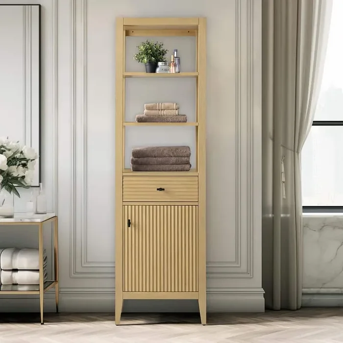 21 in. W x 17 in. D x 72 in. H Brown Freestanding Linen Cabinet with Soft Close Door in Linear Natural Oak