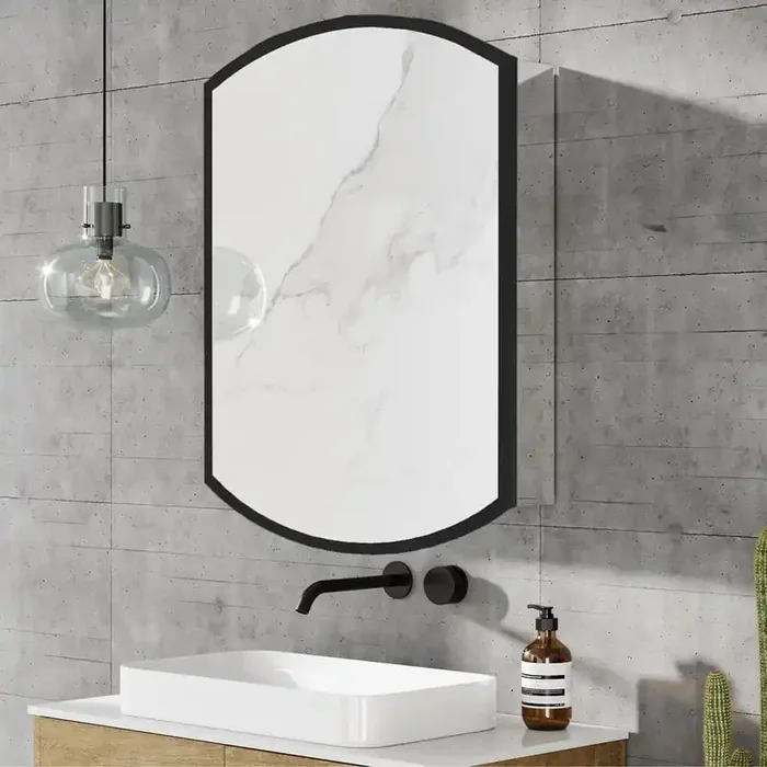 22 in. W x 31 in. H Arched Aluminium Black Framed Medicine Cabinet with Mirror and Adjustable Glass Shelves