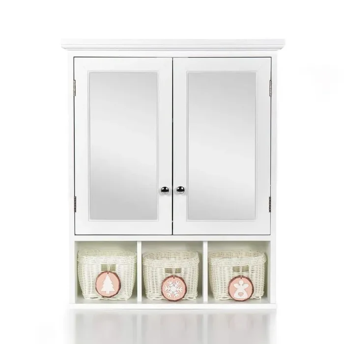  24.75 in. W x 30.25 in. H Rectangular White Wood Medicine Cabinet with Mirror and 3 Christmas Style Storage Basket