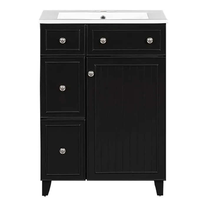 24 in. Freestanding Bath Vanity Cabinet in Black with White Top Ceramic Sink, 1 Soft-Close Door and 2-Drawers