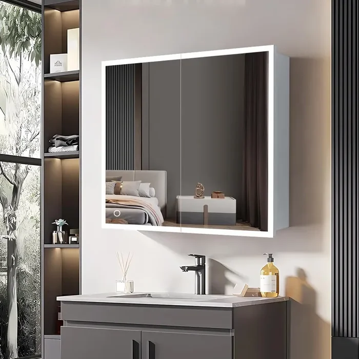 30 in. W x 24 in. H Rectangular Silver Aluminum Surface Mount Double Doors Bathroom Medicine Cabinet with Mirror