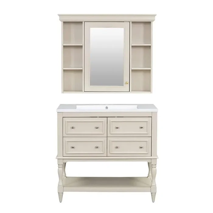 36 in. Freestanding Bath Vanity Cabinet Set in Beige with White Resin Sink Top, 4-Drawers, Medicine Cabinet with Mirror