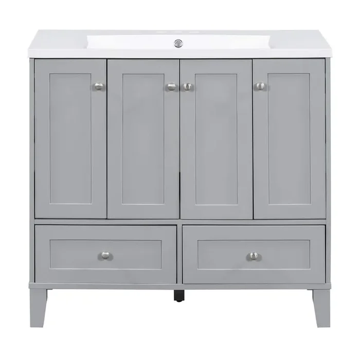 36 in. W x 18 in. D x 32.9 in. H Bath Vanity in Gray withWhite Resin Sink Top,4 Doors,5 Shelves,2 Drawers