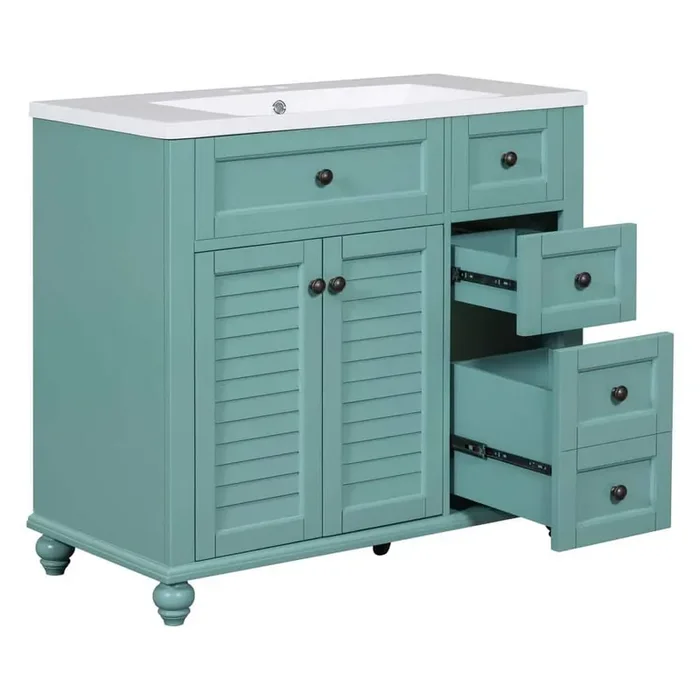 36 in. W x 18 in. D x 33 in. H Single Sink Freestanding Bath Vanity in Blue-Green w/White Resin Top, 2-Drawers and Doors