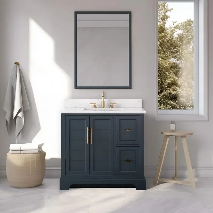 36 in. W x 22 in. D x 34.5 in. H Single Sink Vintage Spruce Blue Bath Vanity with White Engineered Marble Top