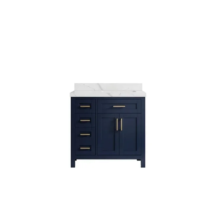 36 in. W x 22 in. D x 36 in. H Right Offset Sink Bath Vanity in Hale Navy Blue with 2 in. Calacatta Quartz Top