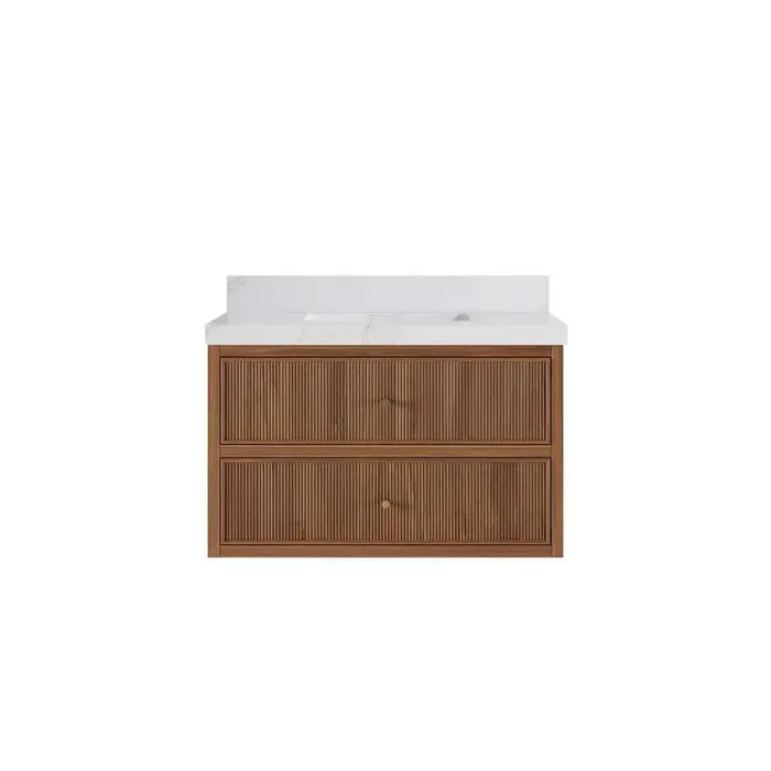 36 in. W x 22 in. D x 36 in. H Single Sink Bath Vanity in Dark Natural Teak with 2″ Calacatta Sienna Quatz Top
