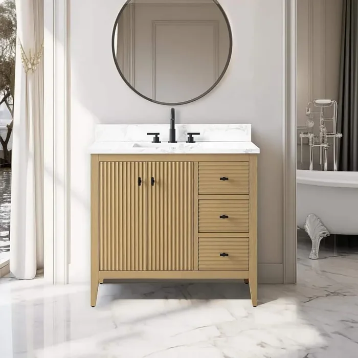36 in. W x 22 in. D x 38 in. H Single Sink Bathroom Vanity Cabinet in Linear Natural Oak with Engineered Marble Top
