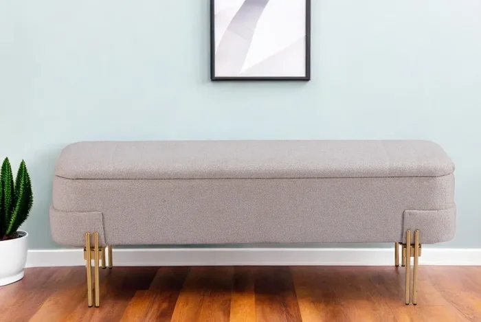 46‘‘ Beige and Gold Boucle Upholstered Storage Bench with Flip Top