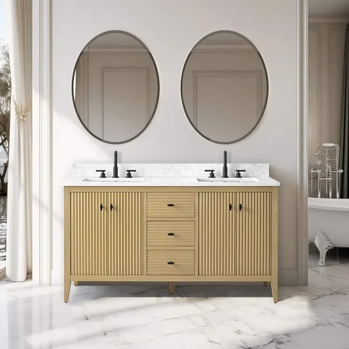 60 in. W x 22 in. D x 38 in. H Double Sink Bathroom Vanity Cabinet in Linear Natural Oak with Engineered Marble Top