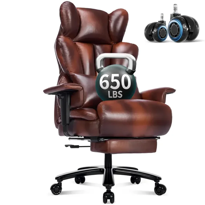 650Lbs Big And Tall Office Chair With Footrest,Large Heavy Duty Executive Office Chair-Wide Seat,Adjustable Lumbar Support,Dual