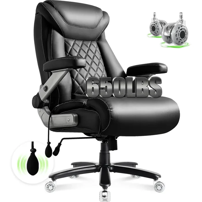 650Lbs Big And Tall Office Chair With Thick Spring Cushion, 5D Flip Arm Ergonomic Executive Office Chair Adjustable Lumbar Airba