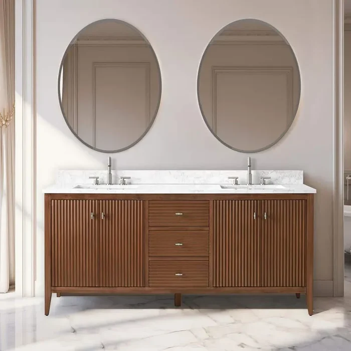 72 in. W x 22 in D x 38 in. H Double Sink Bath Vanity Cabinet in Linear Walnut with White Engineered Marble Top