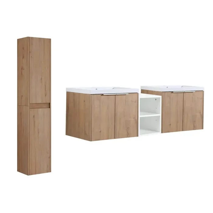 84 in. W Floating Single Sink in Oak with White Resin Basin Top and Soft Close Side Cabinet