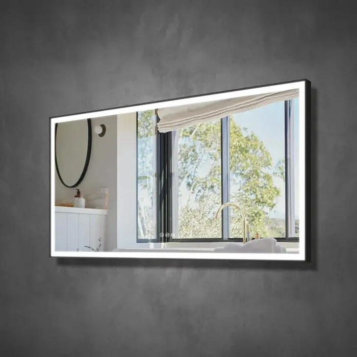 84 in. W x 42 in. H Large Rectangular Heavy Duty Framed Wall Defog Plug Light LED Bathroom Vanity Mirror Black, Dimmable
