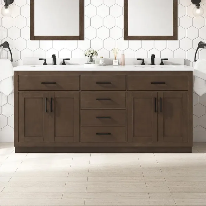 Bailey 72 in. Double Sink Almond Latte Bath Vanity with White Quartz Top and Integrated Power Outlet (Assembled)