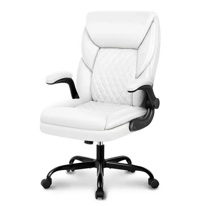 Bestera Executive Leather Office Chair – Ergonomic With Lumbar Support, Adjustable Arms, Swivel & Rocking Function (White)