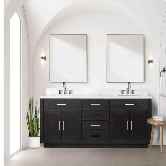Condor 72 in W x 22 in D Black Oak Double Bath Vanity, Carrara Marble Top, and Faucet Set