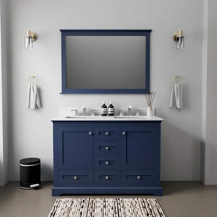 Dukes 48 in. W x 22 in. D Navy Blue Double Bath Vanity, Cultured Marble Top, and 46 in. Mirror