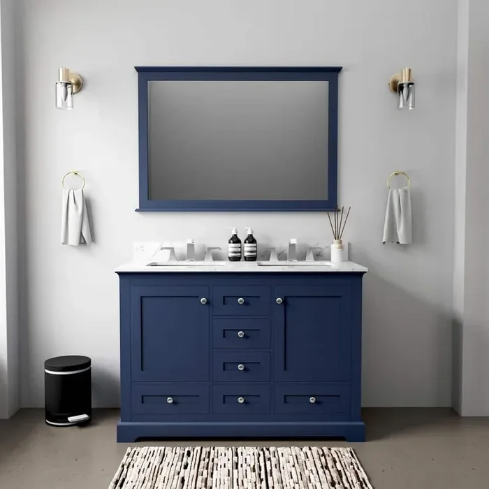 Dukes 48 in. W x 22 in. D Navy Blue Double Freestanding Bath Vanity with Carrara Marble Top and Mirror