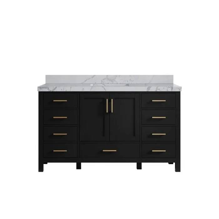 Malibu 60 in. W x 22 in. D x 36 in. H Single Sink Bath Vanity in Black with 2 in. Venatino Quartz Top
