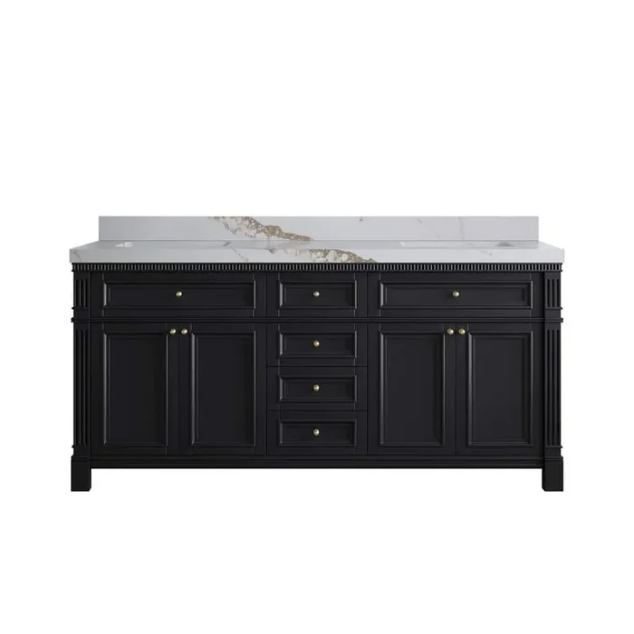 Paris 72 in. W x 22 in. D x 36 in. H Double Sink Bath Vanity in Black with 2 in. Calacatta Gold qt. Top