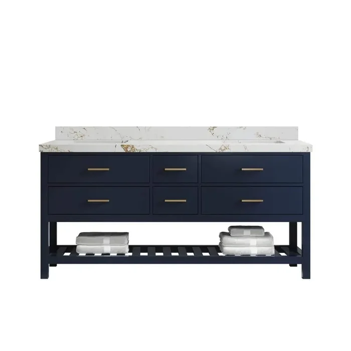 Parker 72 in. Double Sink Freestanding Navy Blue Bath Vanity with Viola Gold Quartz Top Unassembled