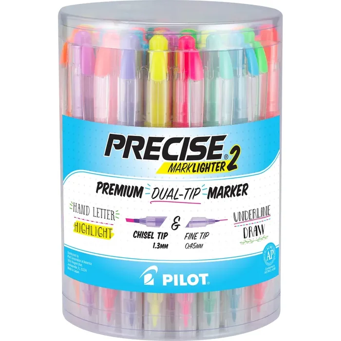 Pilot, Precise Marklighter2 Dual Tip Highlighters, Broad Chisel And Extra-Fine Bullet Point Tips, Assorted Colors, 36 Count Tub