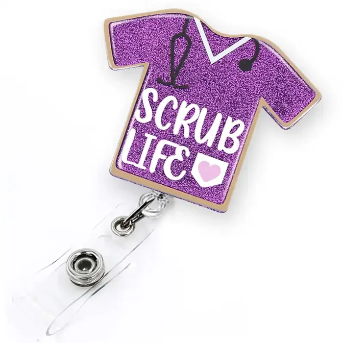 Purple Glitter Scrub Life Badge Reel Retractable For Nurse Nursing Rn Lpn Cna Doctor & Medical Assistant Funny Nurse Id Name T