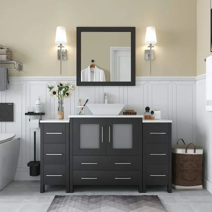 Ravenna 54 in. W Bathroom Vanity in Espresso with Single Basin in White Engineered Marble Top and Mirror
