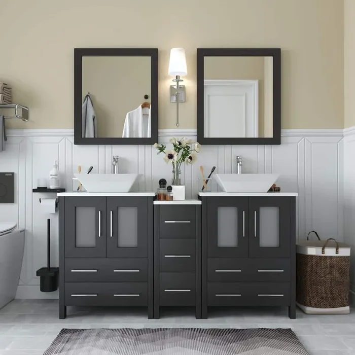 Ravenna 60 in. W Bathroom Vanity in Espresso with Double Basin in White Engineered Marble Top and Mirror