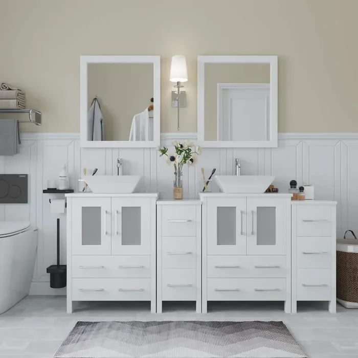Ravenna 72 in. W Bathroom Vanity in White with Double Basin in White Engineered Marble Top and Mirror