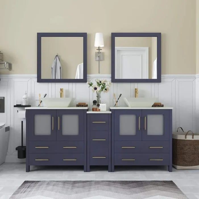 Ravenna 72 in. W Double Basin Bathroom Vanity in Blue with White Engineered Marble Top and Mirrors