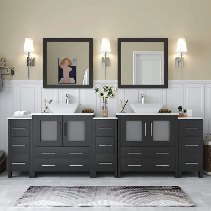 Ravenna 96 in. W Bathroom Vanity in Espresso with Double Basin in White Engineered Marble Top and Mirrors