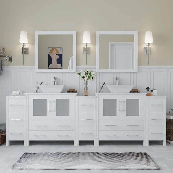 Ravenna 96 in. W Bathroom Vanity in White with Double Basin in White Engineered Marble Top and Mirrors