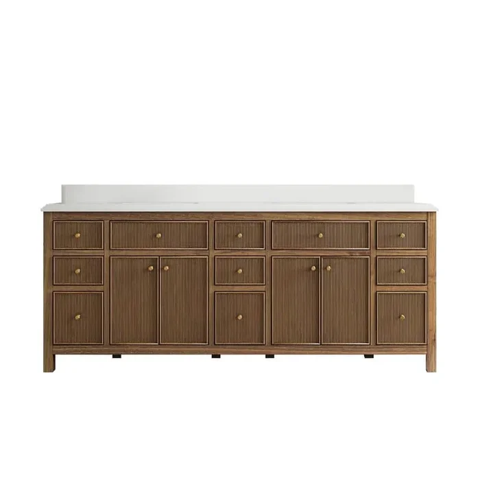Sonoma Teak 84 in. W x 22 in. D x 36 in. H Double Sink Bath Vanity in Dark Teak with 1.5″ White Quartz Top