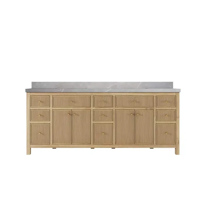 Sonoma Teak 84 in. W x 22 in. D x 36 in. H Double Sink Bath Vanity in Light Teak with 2 in. Pearl Gray Qt. Top